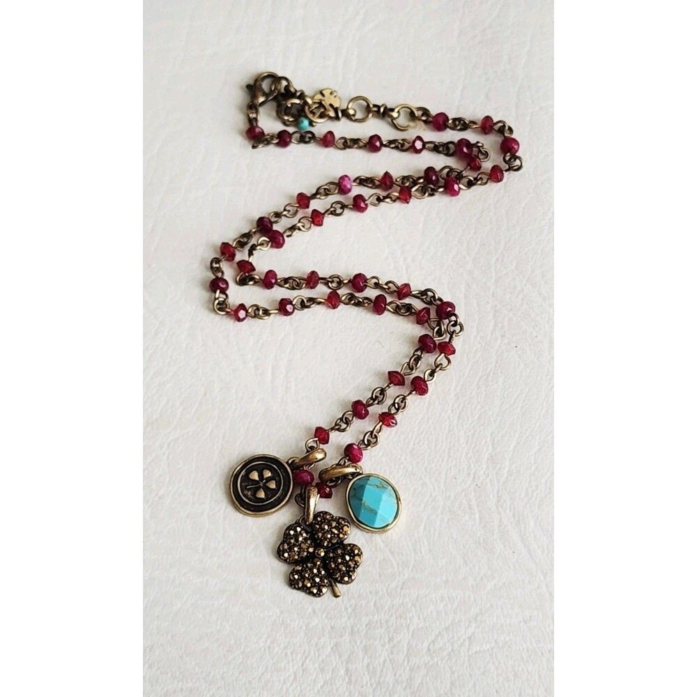 Y2K Lucky Brand Charm Clover Faux Turquoise  Rosary Necklace Boho